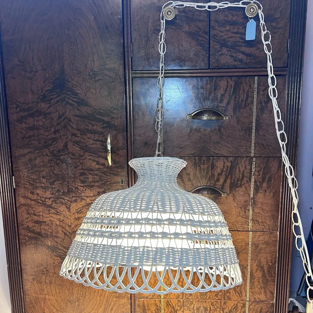 Vintage White Wicker Rattan Hanging Light Fixture Woven Shade Swag Lamp Retro